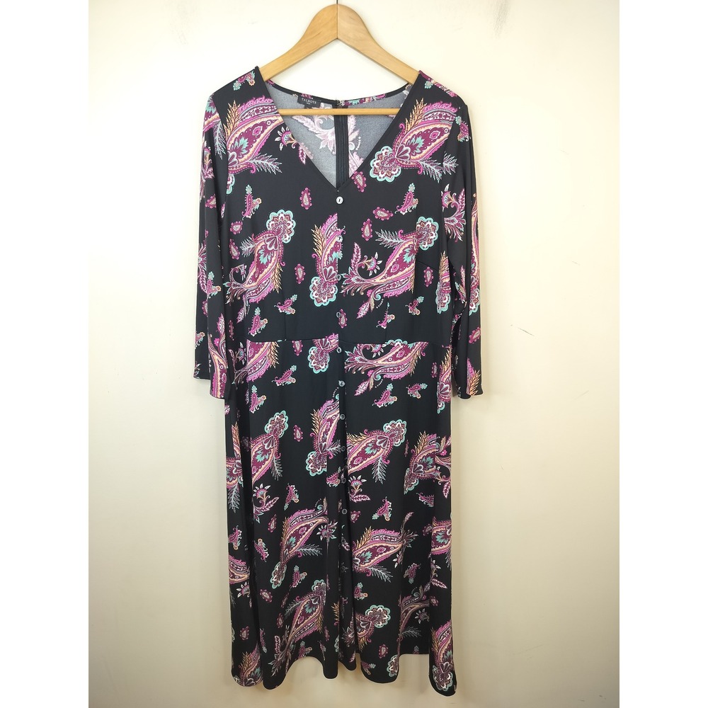 Talbots Floral Midi Dress 1X Stretch Jersey Paisley Buttons Black Pink